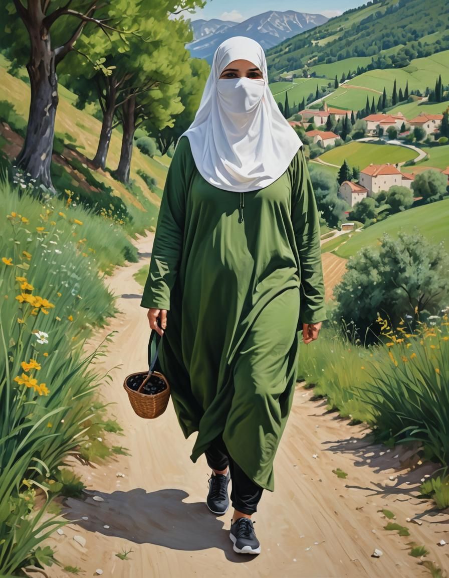 European Woman in Niqab Walking in Croatia: Oil Painting