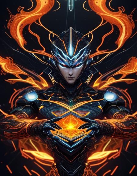 Fiery Robot Portrait in Abstract Fractal Art