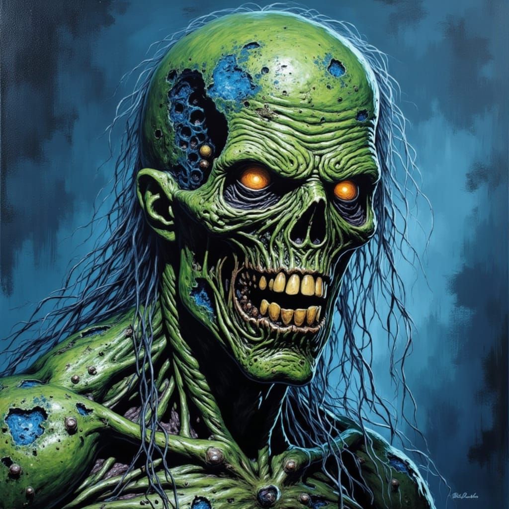 masterpiece, a fantasy zombie metallic green and blue with viking runes symbols that epic glow, has barbarian warpaint, ...