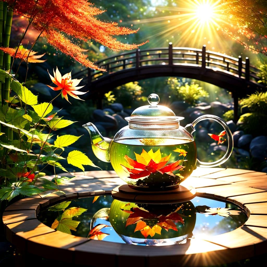 Surreal Japanese Garden Scene with Radiant Sun and Blooming ...