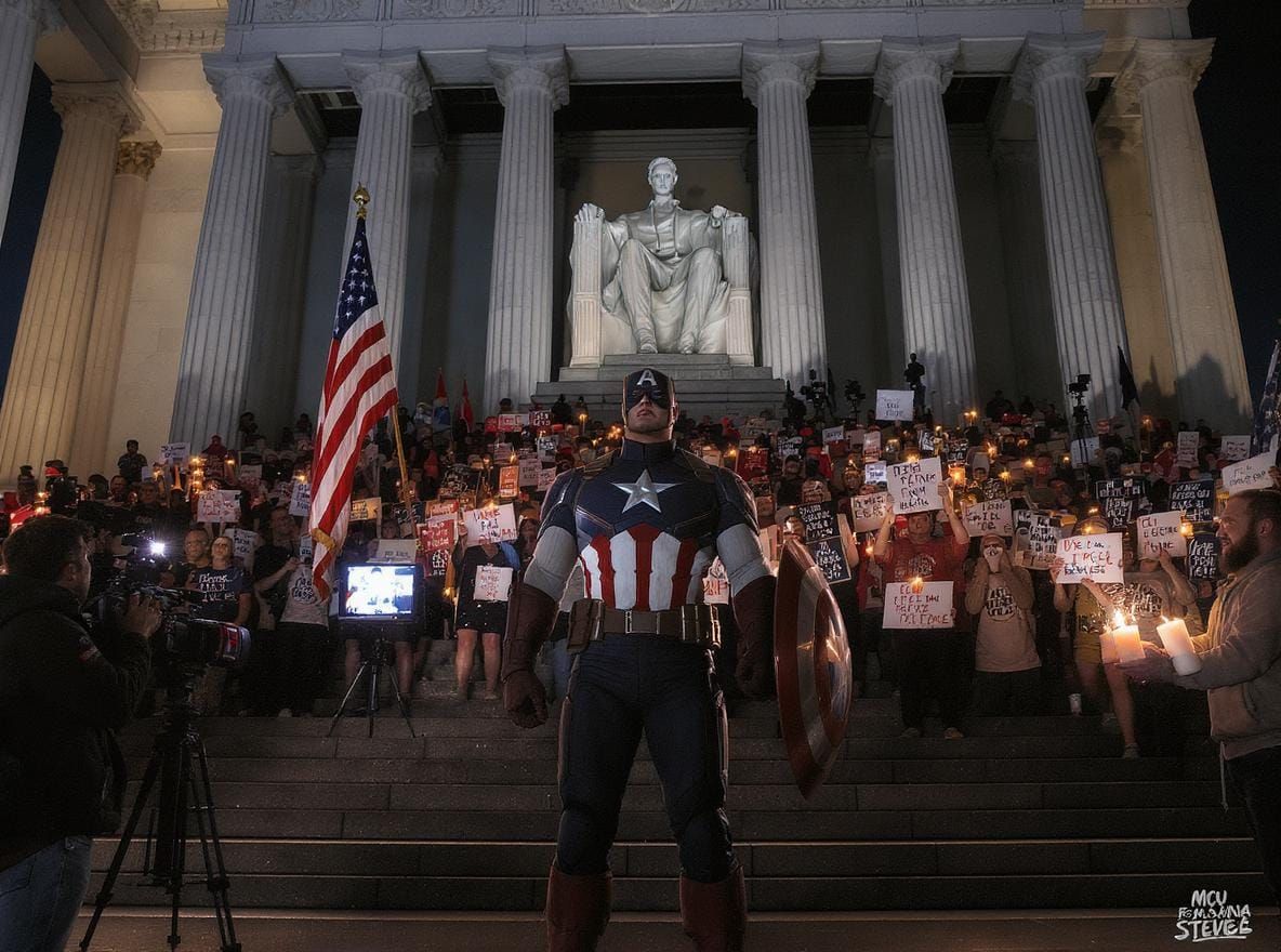 Captain America at Lincoln Memorial: Protest Scene