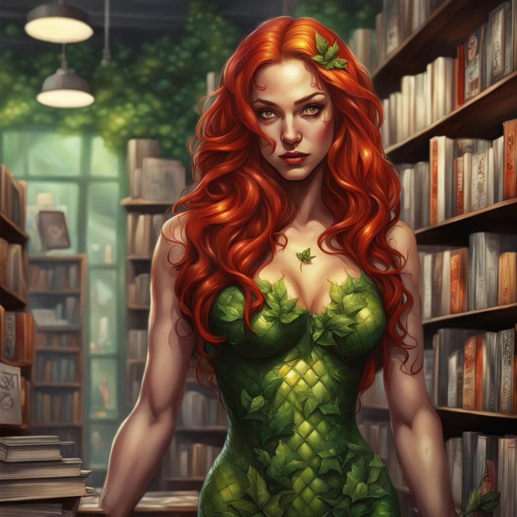 Poison Ivy in Bookstore: Hyperrealistic Splash Art
