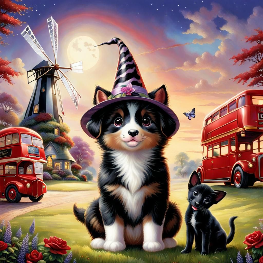 Enchanting Gathering of Animals and Objects in Kinkade Style