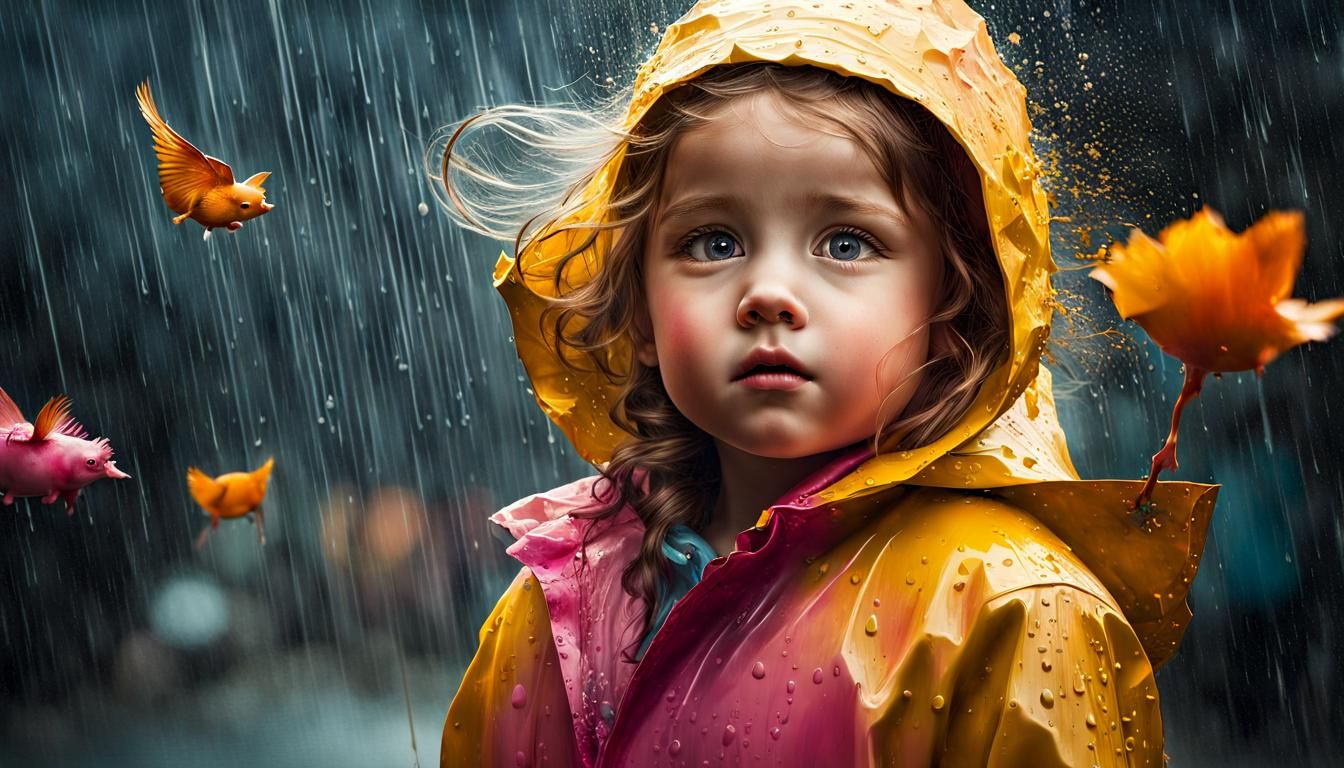 Girl and Piglet Share Sadness in Psychedelic Rain