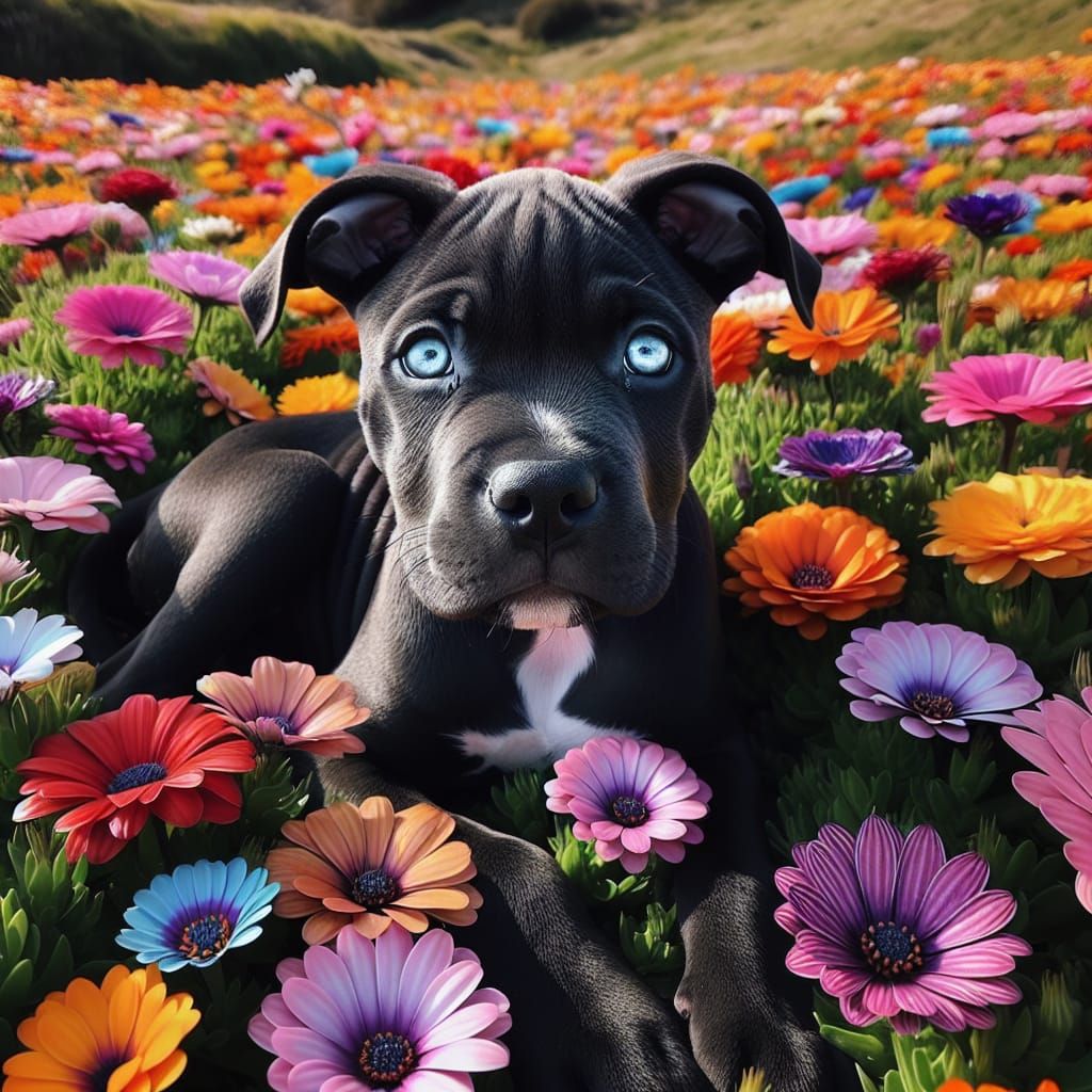 Black Pitbull Puppy in a Field of Flowers