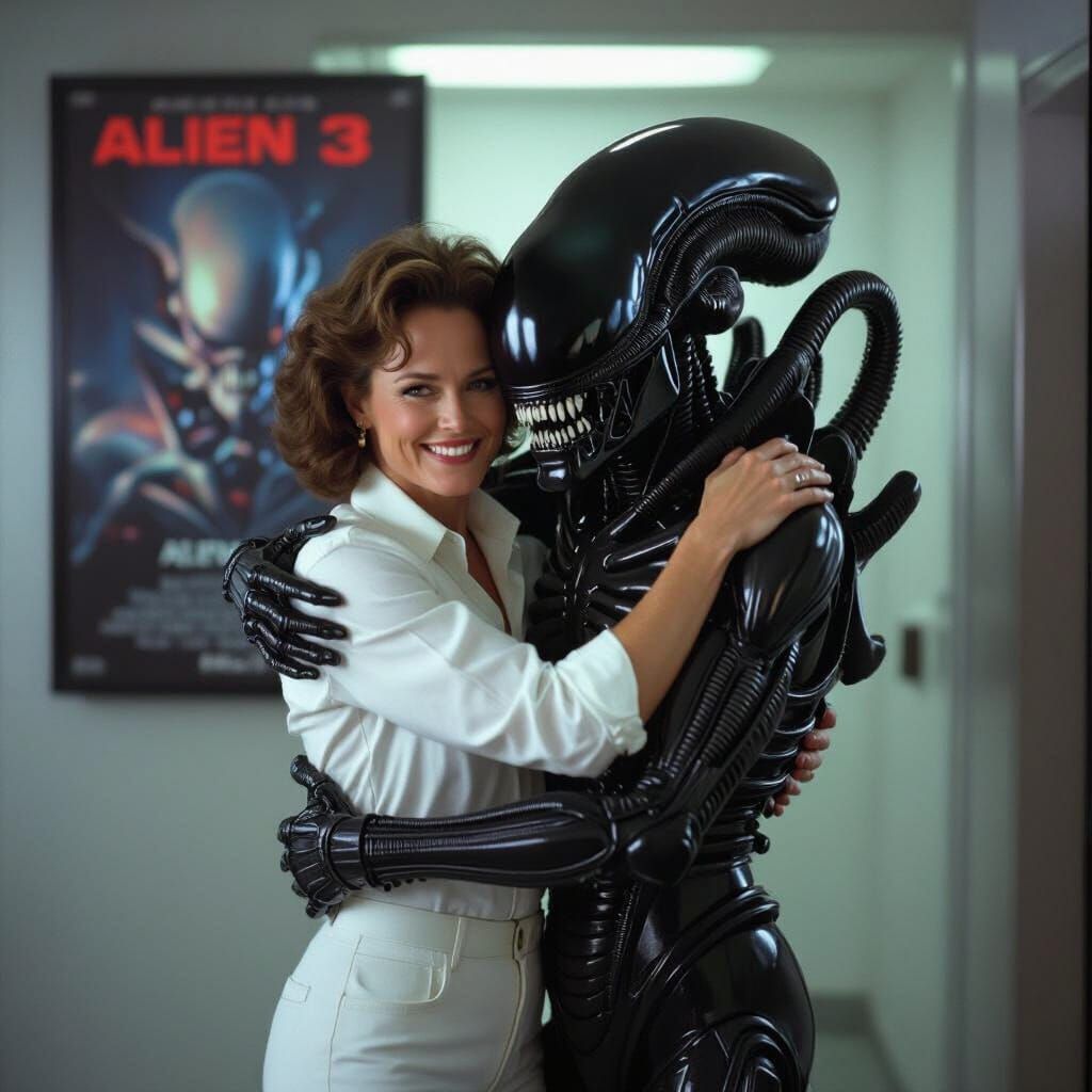 Sigourney Weaver Hugs Xenomorph: A Cinematic Film Still