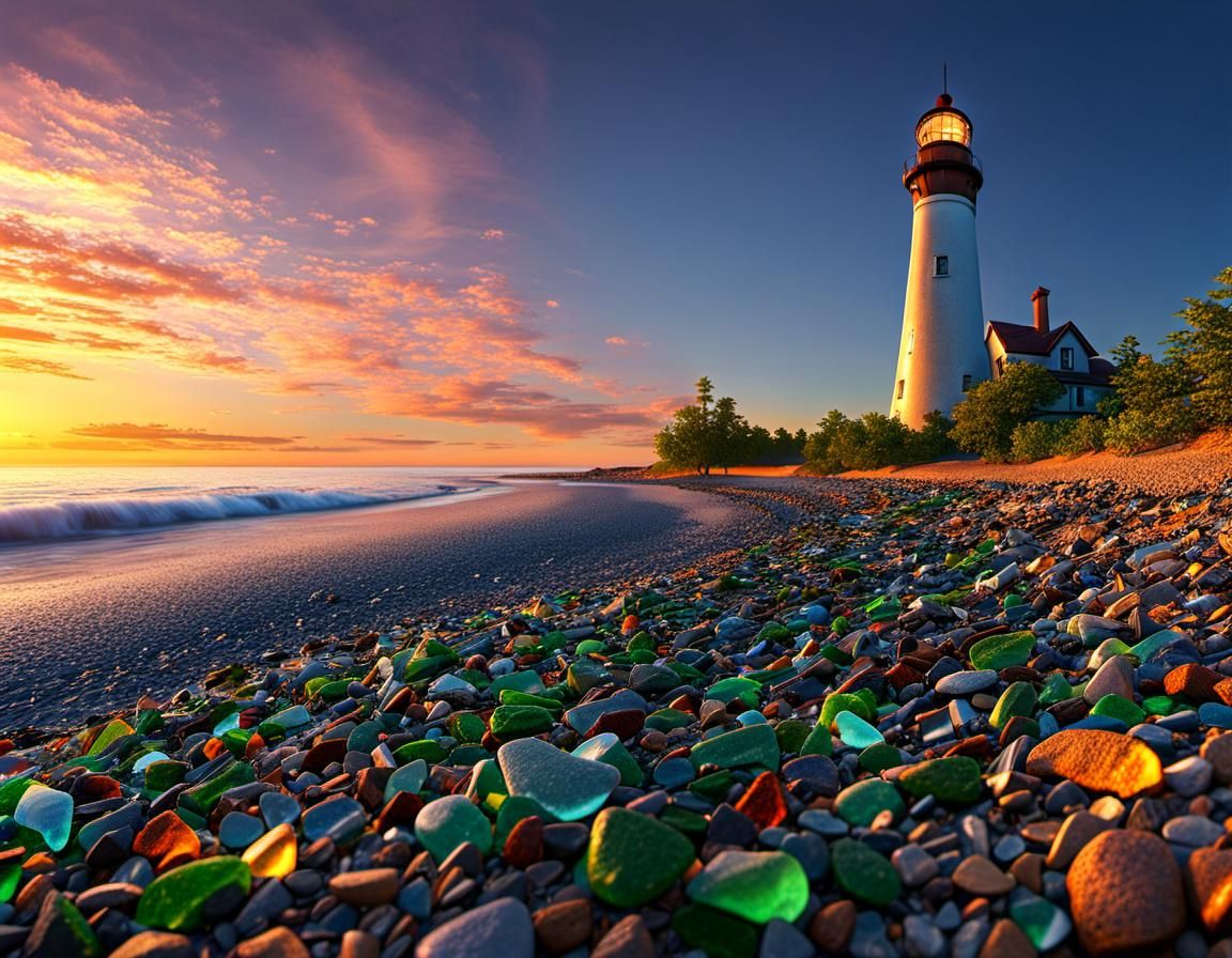 Hyperrealistic Sea Glass Sunset on Erie Beach