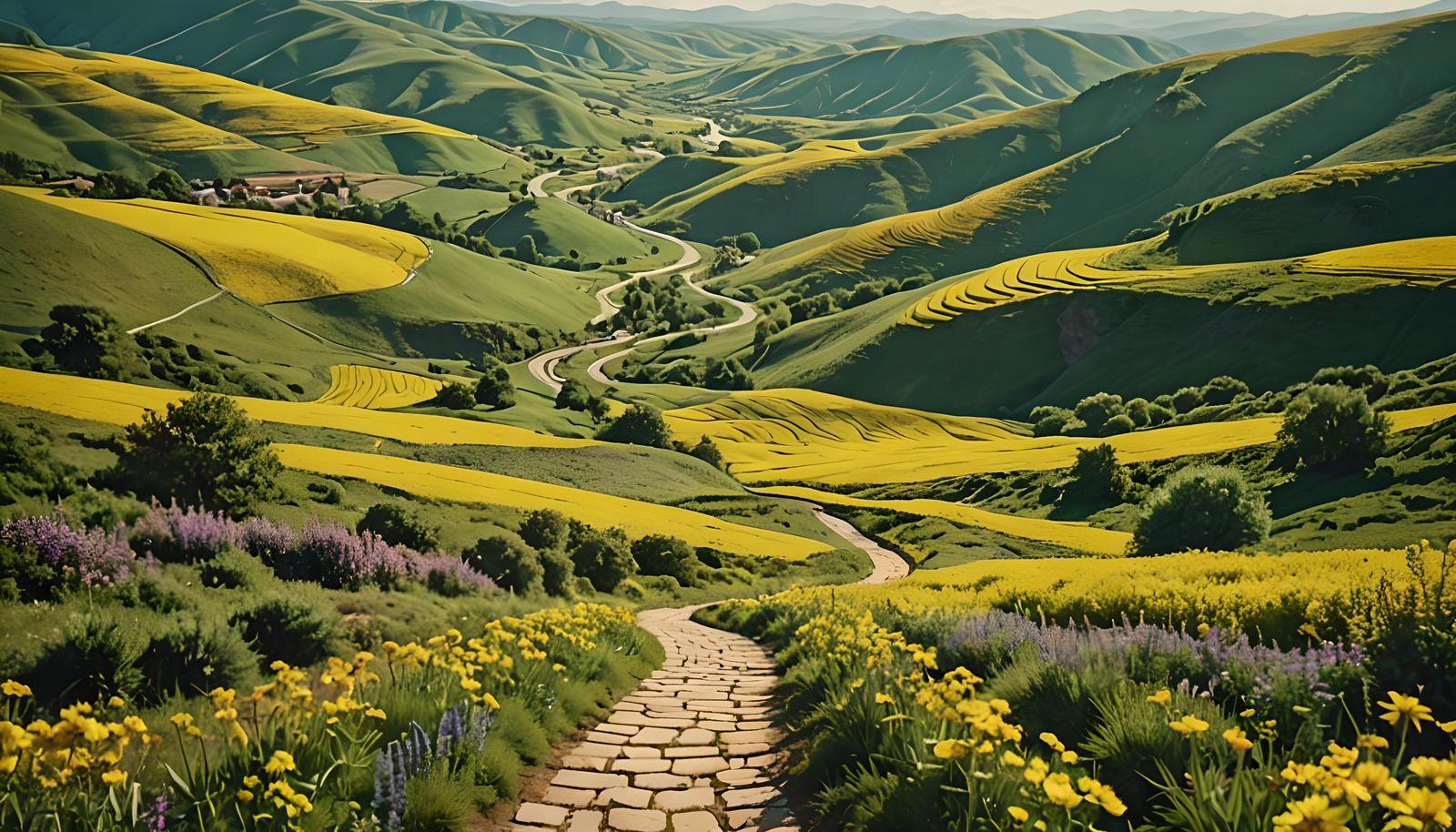 Yellow Brick Road Through Flowery Hills: Cinematic Film Stil...