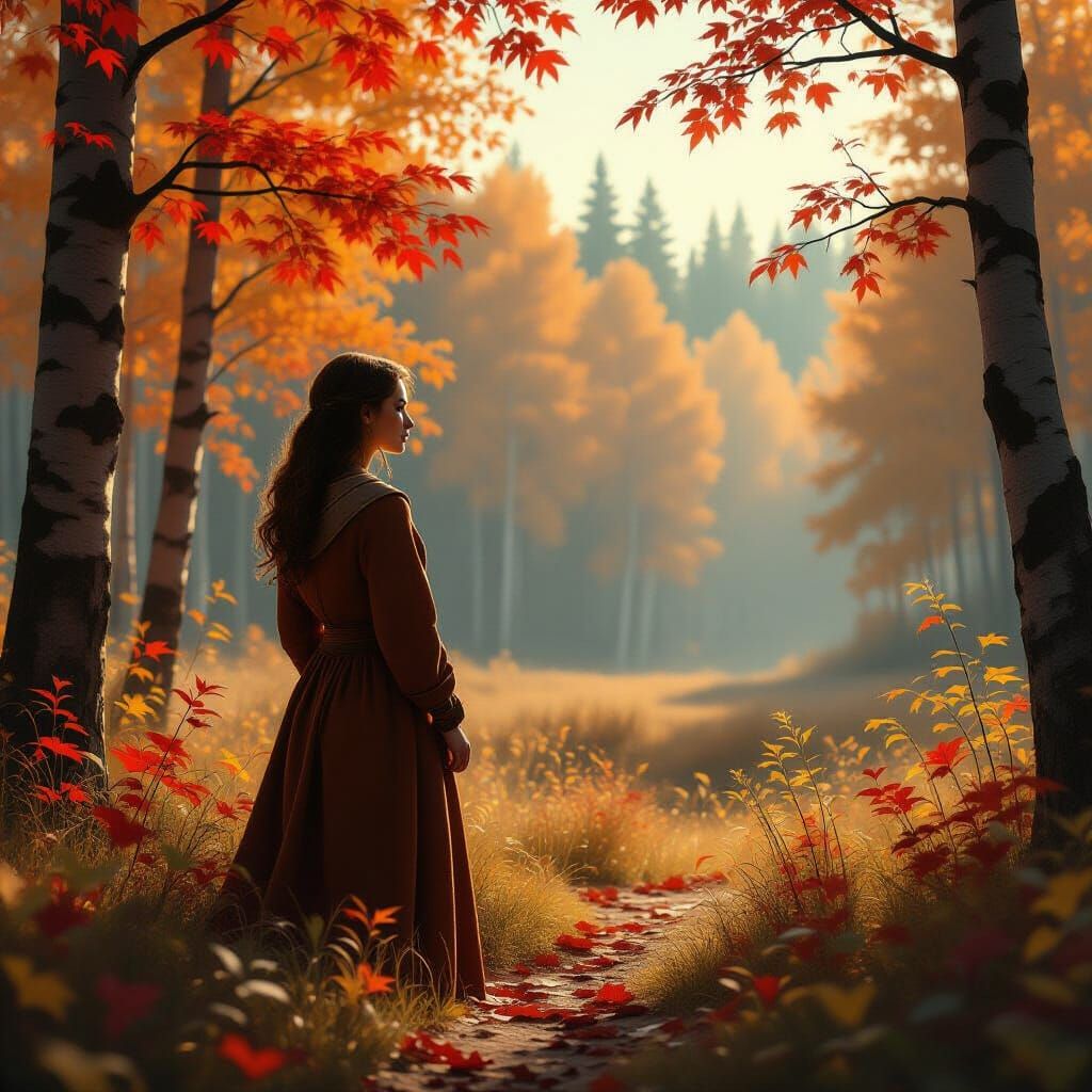 Lone Woman in Autumn Forest Clearing, Matte Painting Style