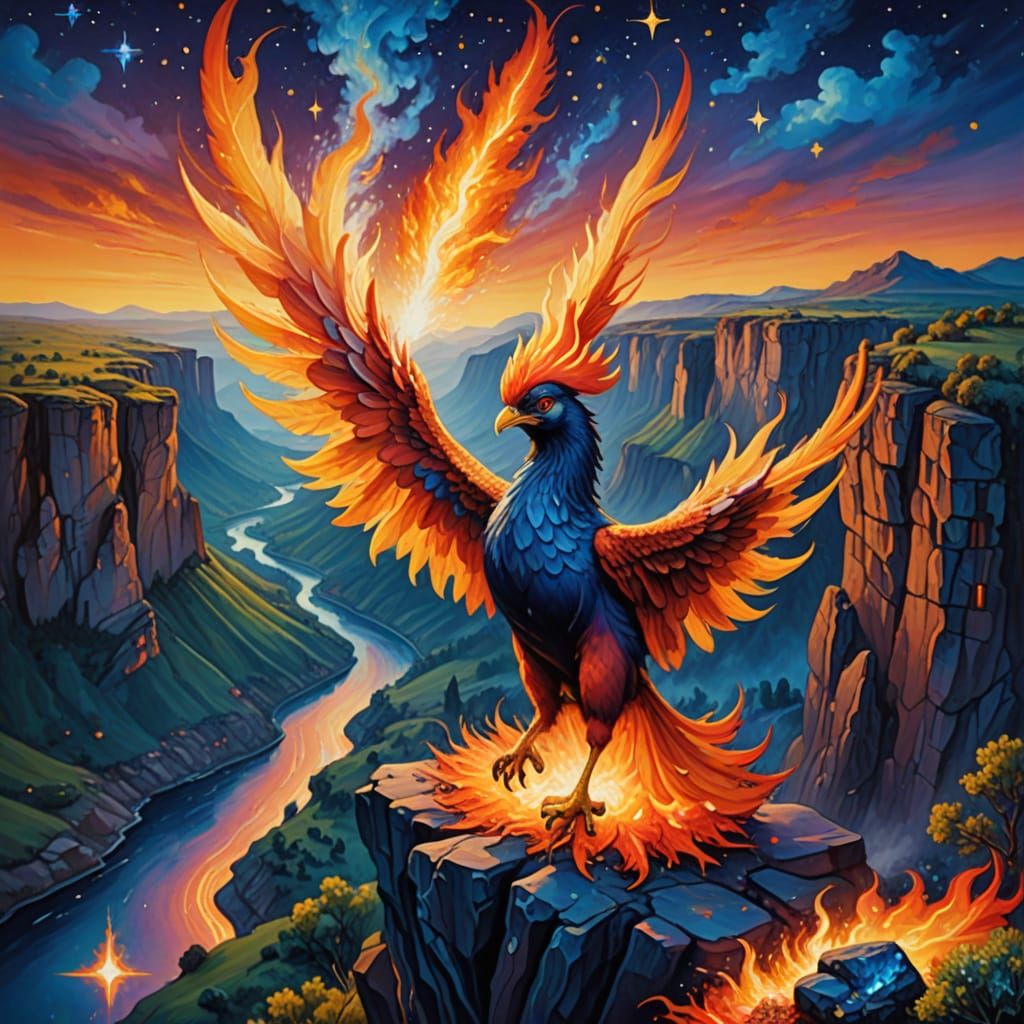 Surreal Valley View with Phoenix Flames