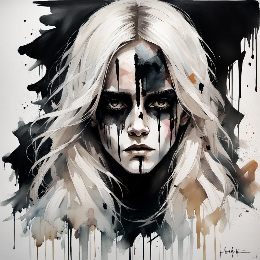 Gothic Portrait of Woman with Black Makeup as Scumbling Pain...