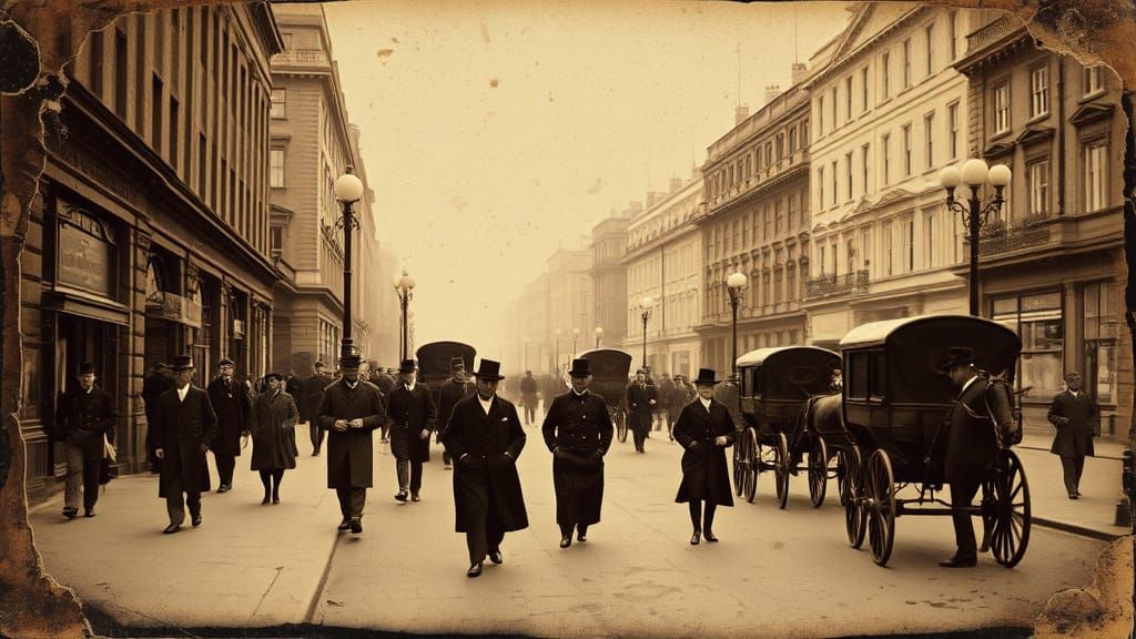Victorian London Street Scene in Sepia Tone