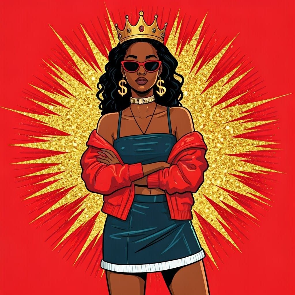 A cartoon-style Black woman in her early 20s with a trendy, ...