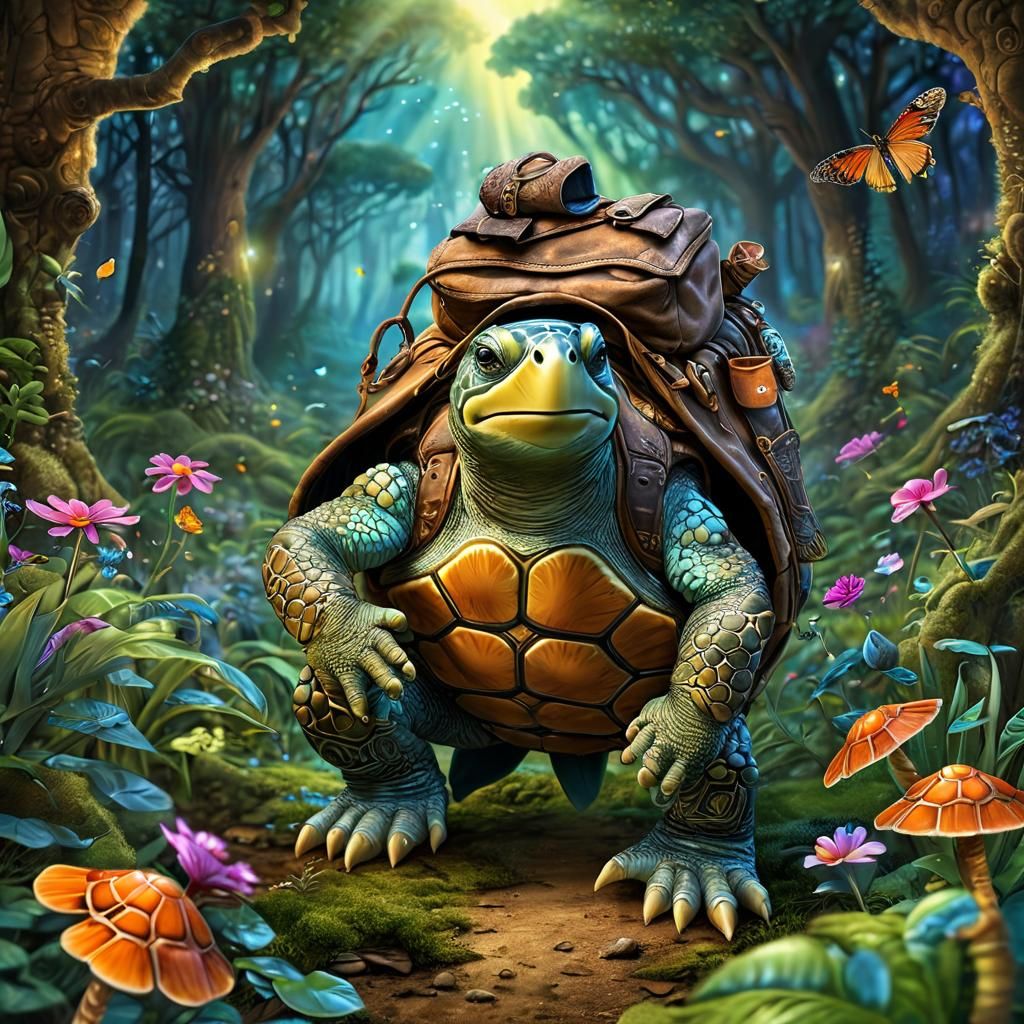 Turtle Hippie Traveler in Magical Forest
