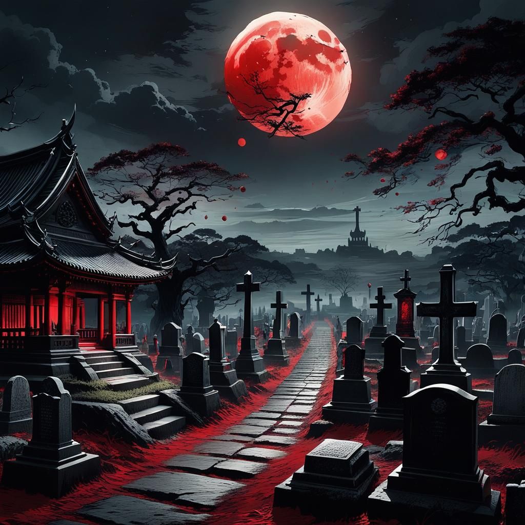 Graveyard Spirits Under Blood Moon in Digital Art