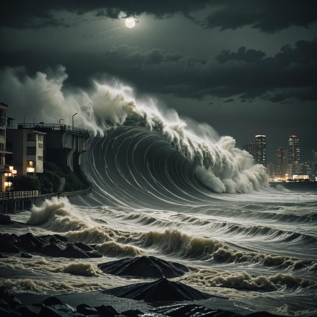 Tsunami Wave Engulfs City in Cinematic Darkness