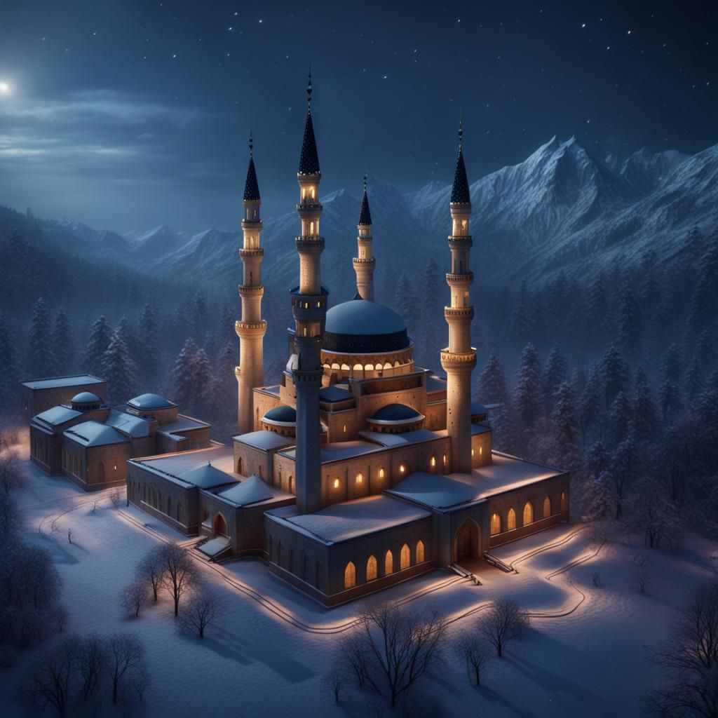 Mosque and Castle at Snowfall Night in Matte Painting Style