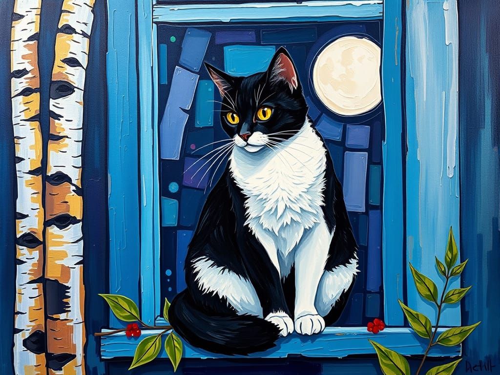 Ethereal Steampunk Scene with Black Cat and Moonlit Window