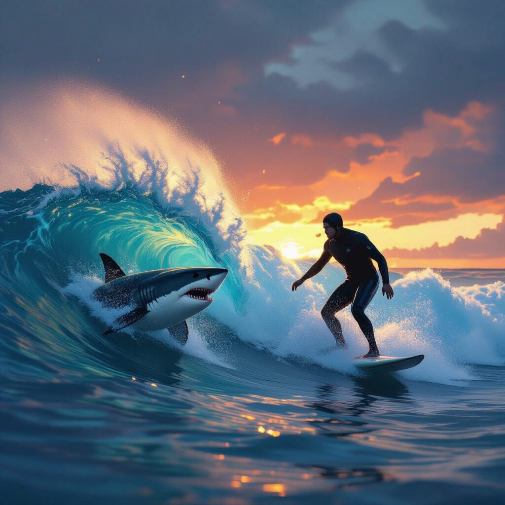 Surfer Evades Shark in Dramatic Cinematic Scene