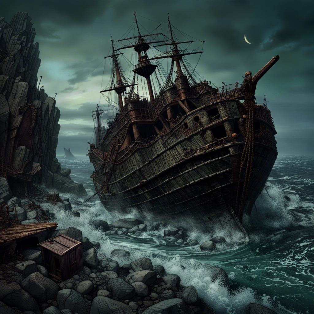 Wrecked Ship on Haunted Shores in Gothic Horror Style