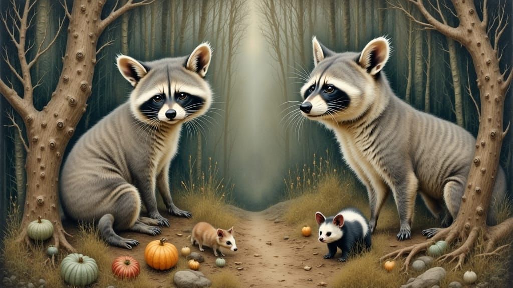 Whimsical Forest Scene with Raccoons and Friends