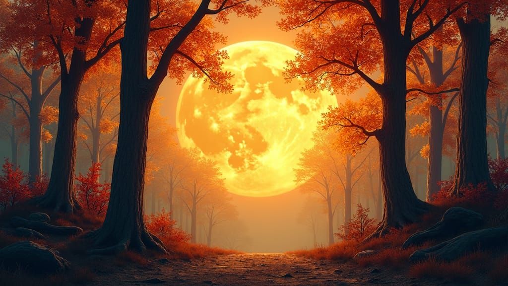 Golden Moon Ascends Through Autumn Canopy