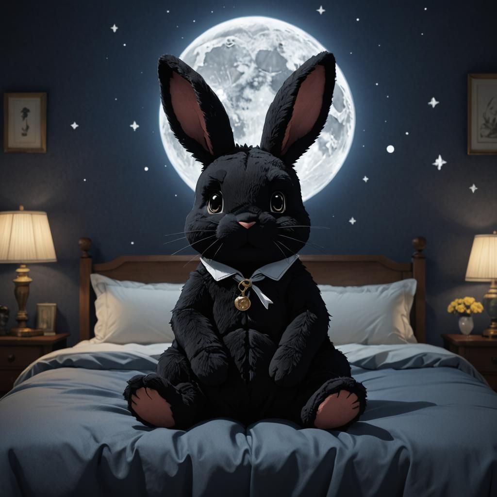 Stuffed Black Rabbit on Moon Bedding, Anime Style
