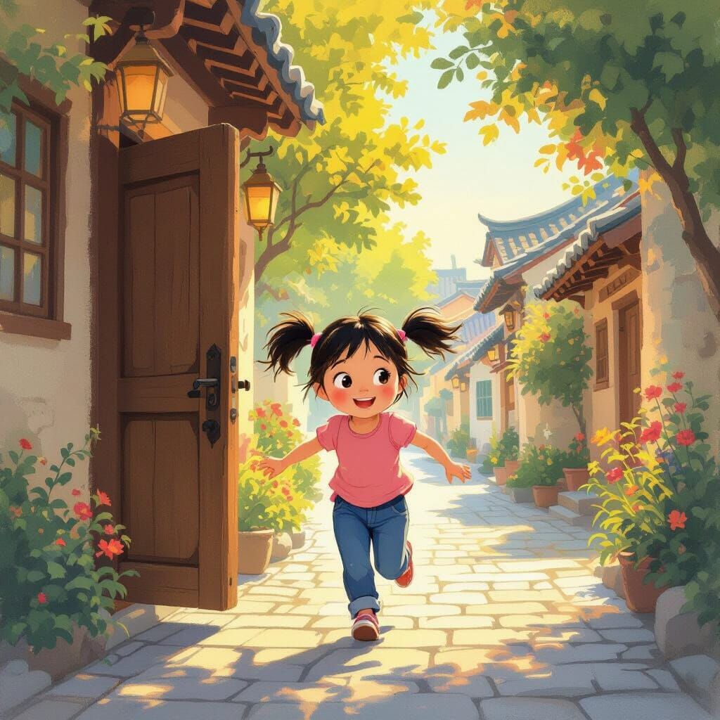 Energetic Girl Rushes Out Door Into Sunny Neighborhood