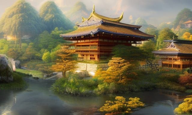 Japanese Village in Rolling Hills: Matte Painting