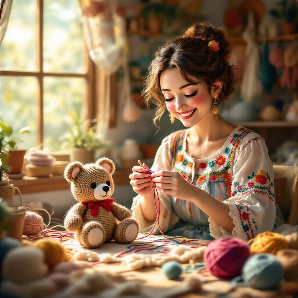 Woman Crochet Teddy Bear in Cozy Craft Room