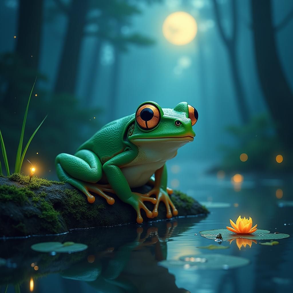 Luminescent Frog in Misty Swamp, Splash Art Portrait