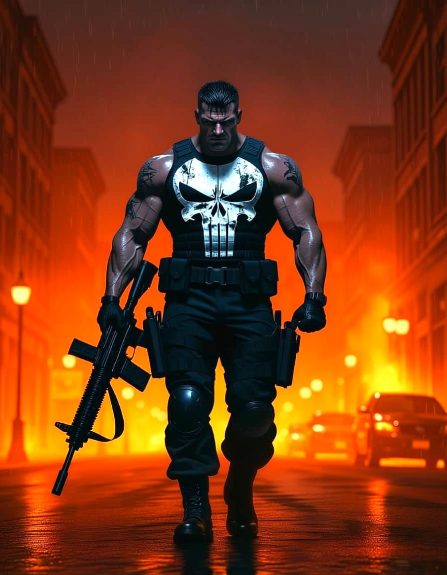 The Punisher on Dark City Street with Machine Gun
