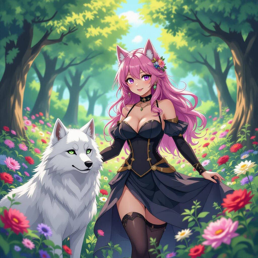 Pink Haired Woman and Smiling Wolf in Glowing Floral Realm
