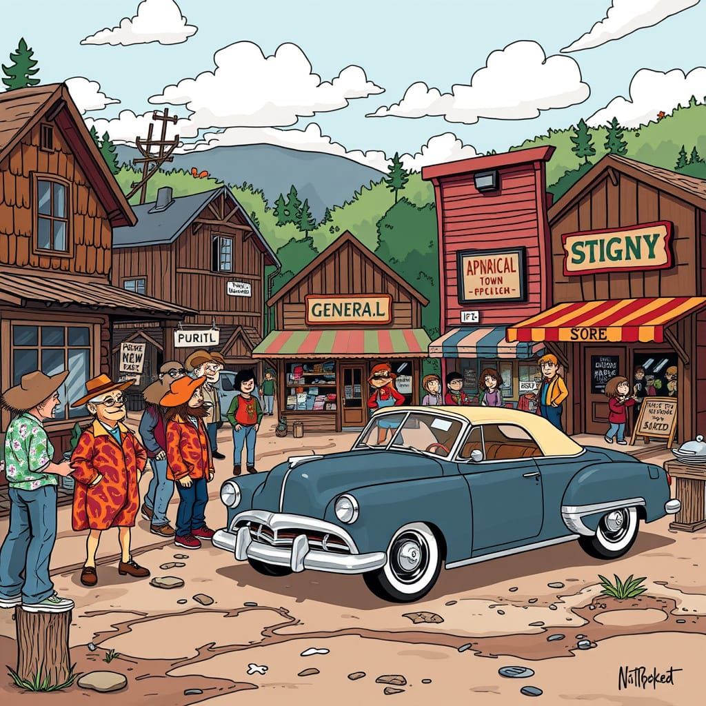 Whimsical Appalachian Town Square in Dada Cartoon Style