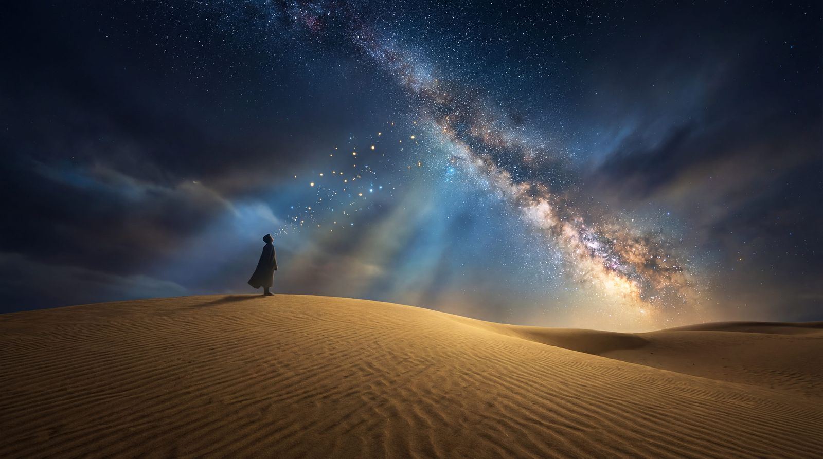Figure on Golden Sands Under Starry Night Sky