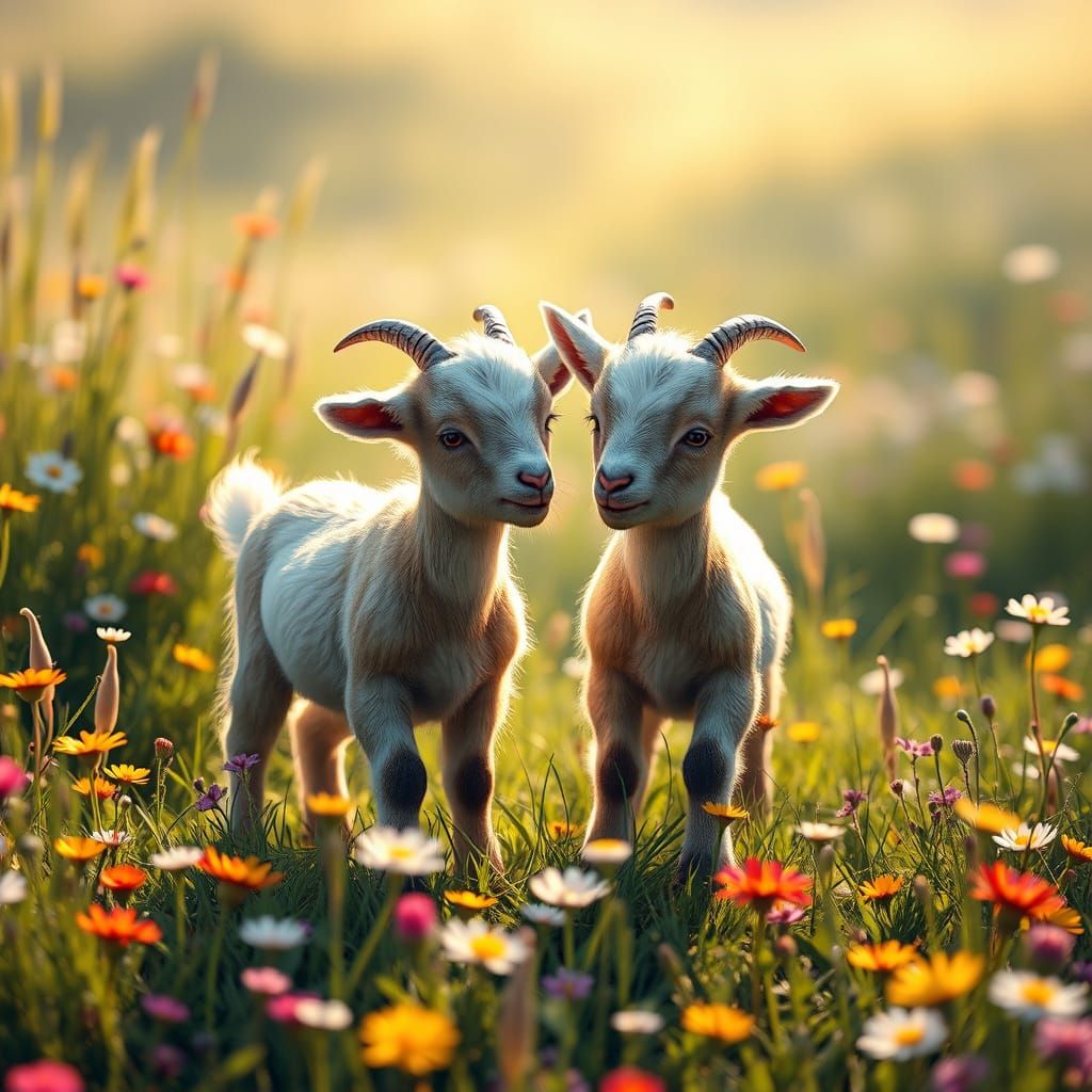 Adorable Pygmy Goats in Sunlit Wildflower Meadow