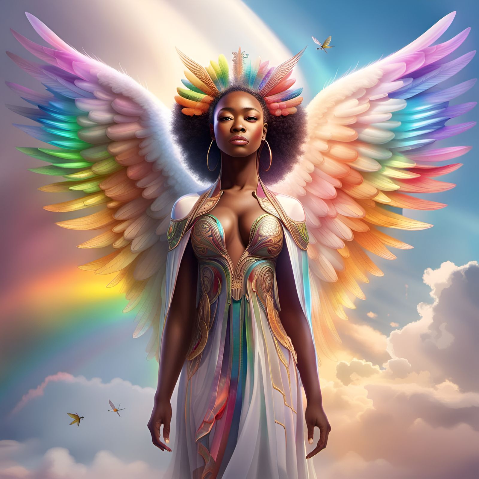 Rainbow-Winged Angel in Hyper-Realistic Digital Art