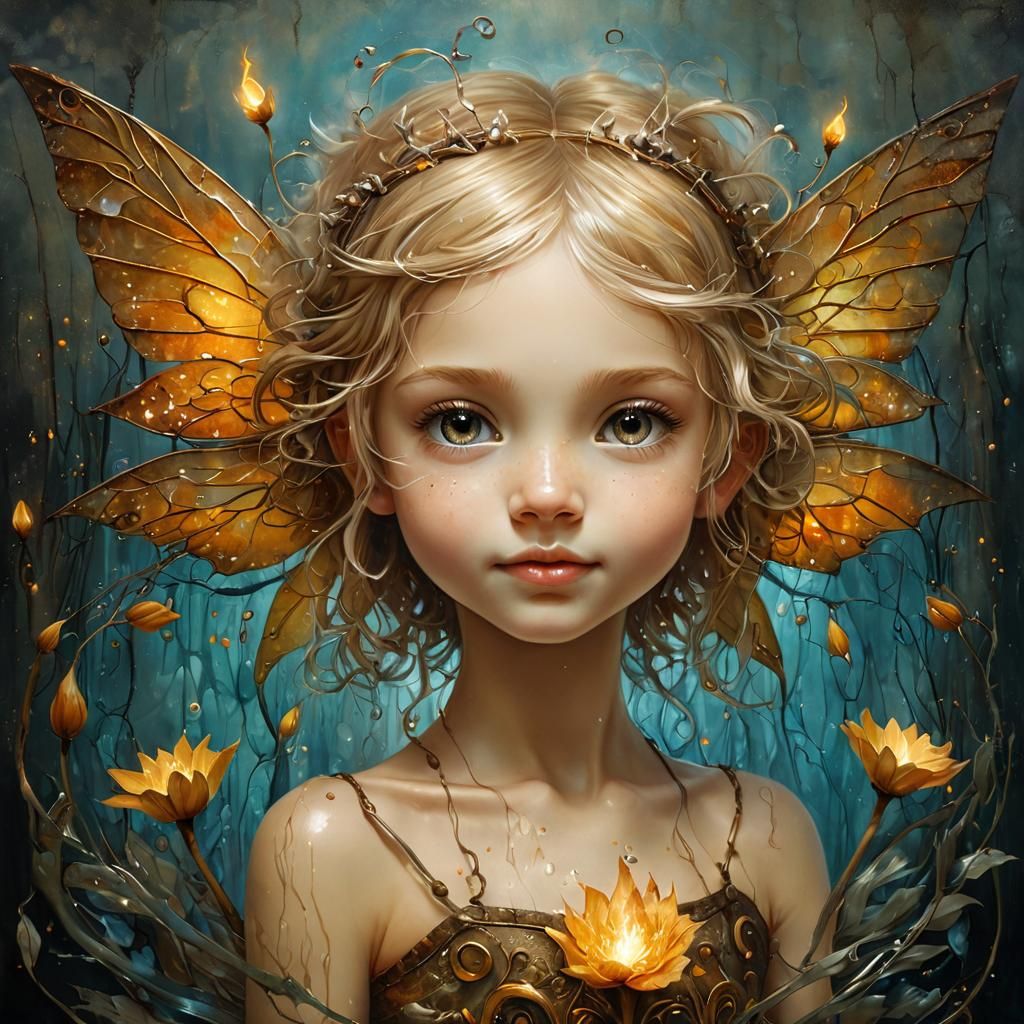Smiling Fairy Child Portrait in Stylized Oil Painting