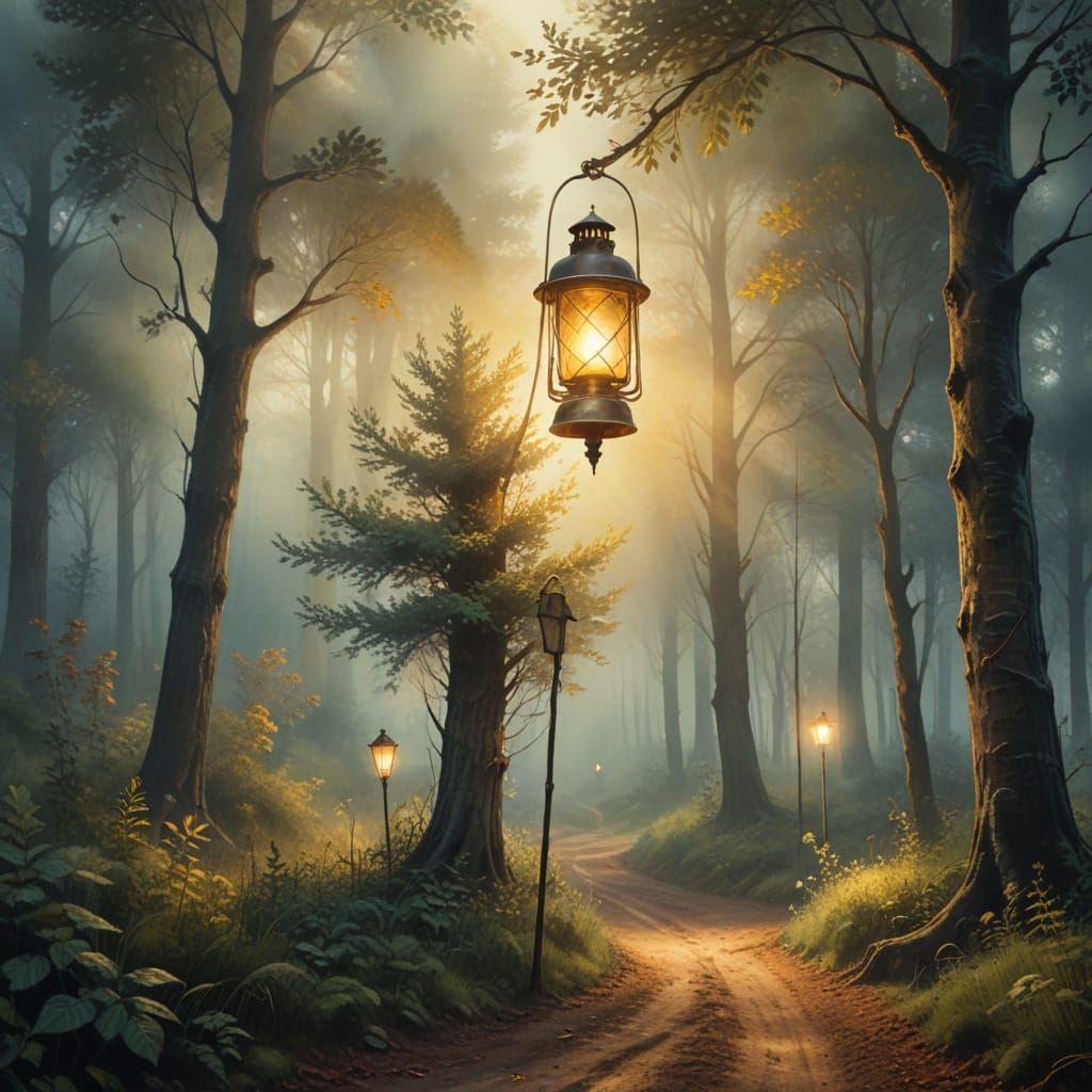 Ethereal Lantern Glows in Impressionistic Forest Scene