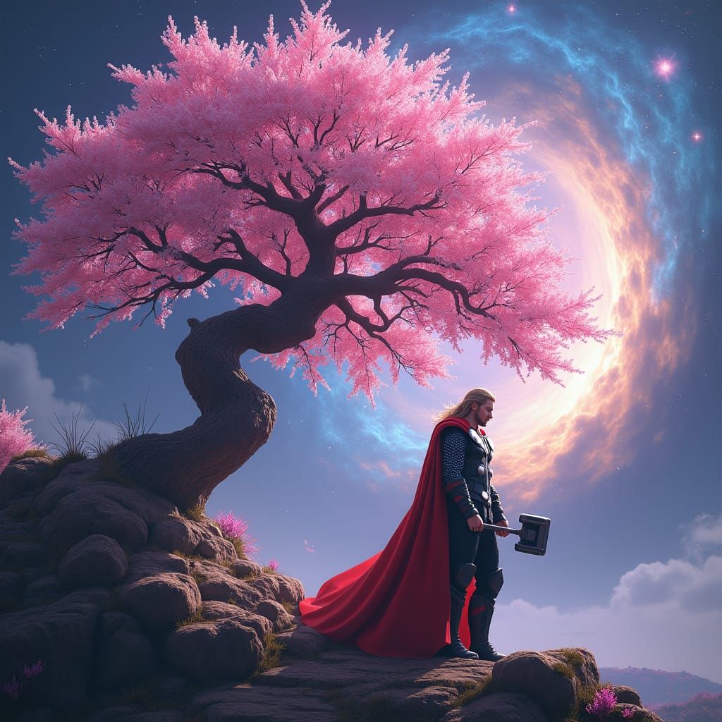 Cosmic Sakura Tree with Futuristic Thor