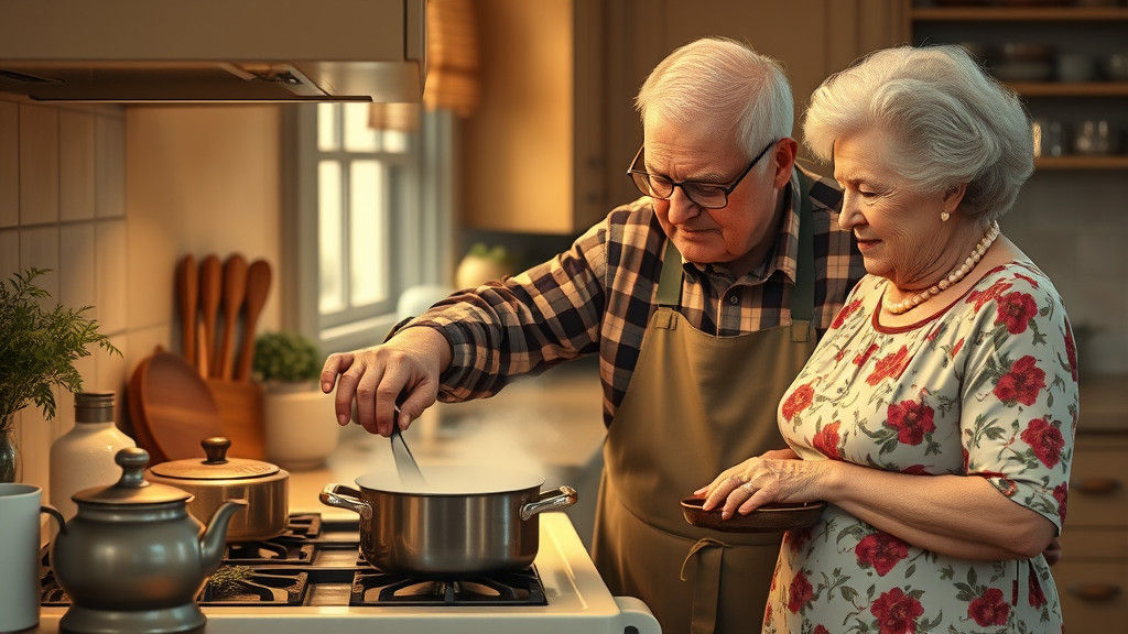 Elderly Couple in Kitchen, Nostalgic Realism