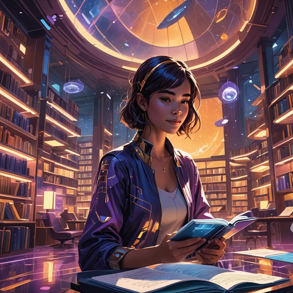 Girl Reads in Future Library: Digital Concept Art
