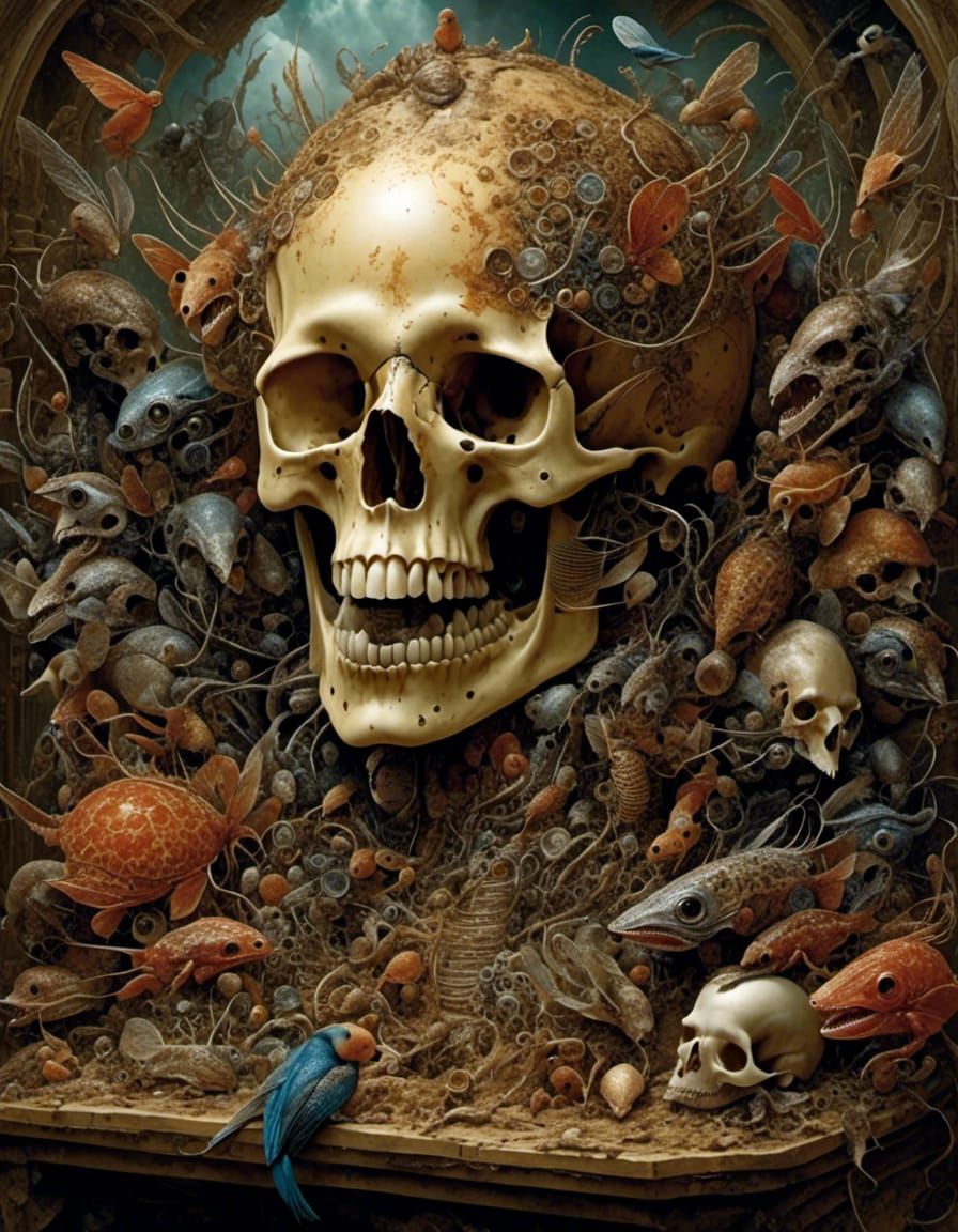 Cryptid Museum Skull Tableau in Surrealist Style