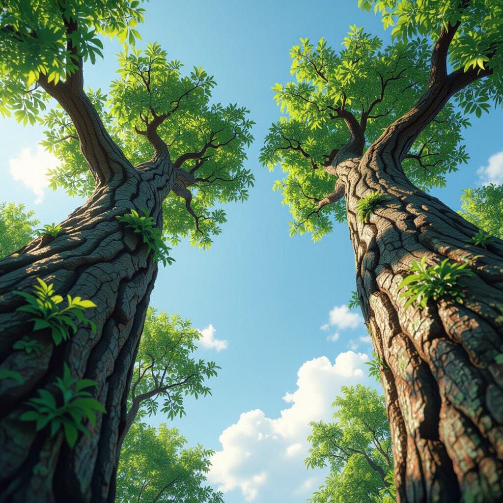 Towering Green Trees Worm's-Eye View Against Blue Sky