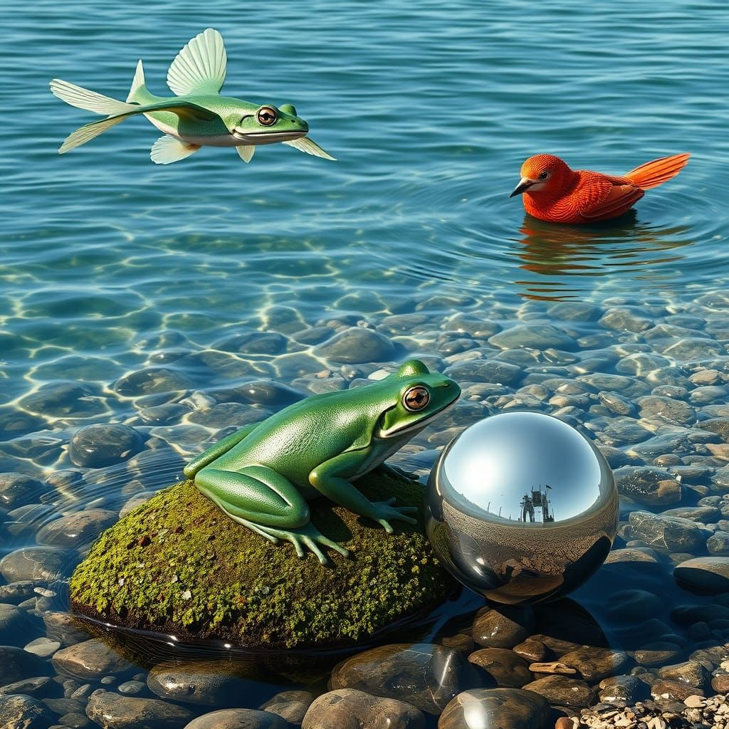 Surreal Aquatic Scene with Frog, Bird, and Fish