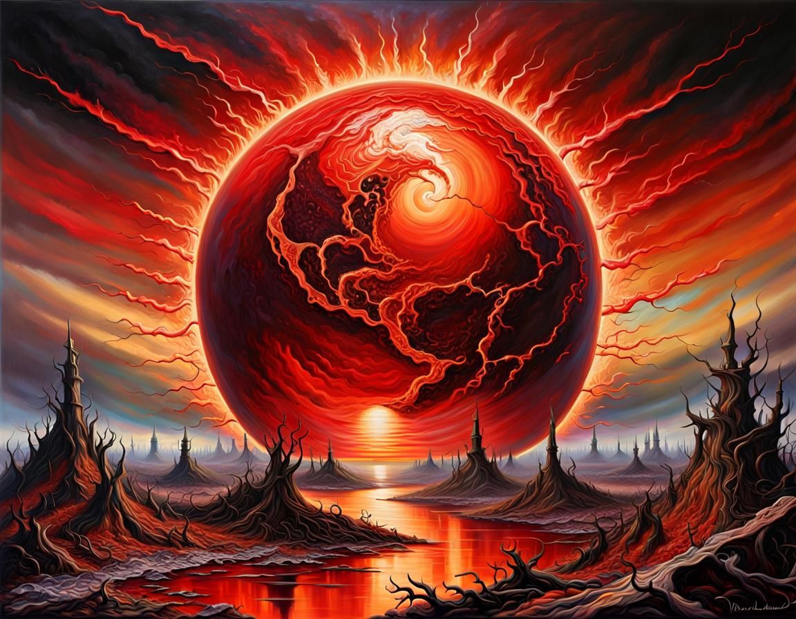 Destroyed Earth Under Red Sun: Holographic Oil Painting