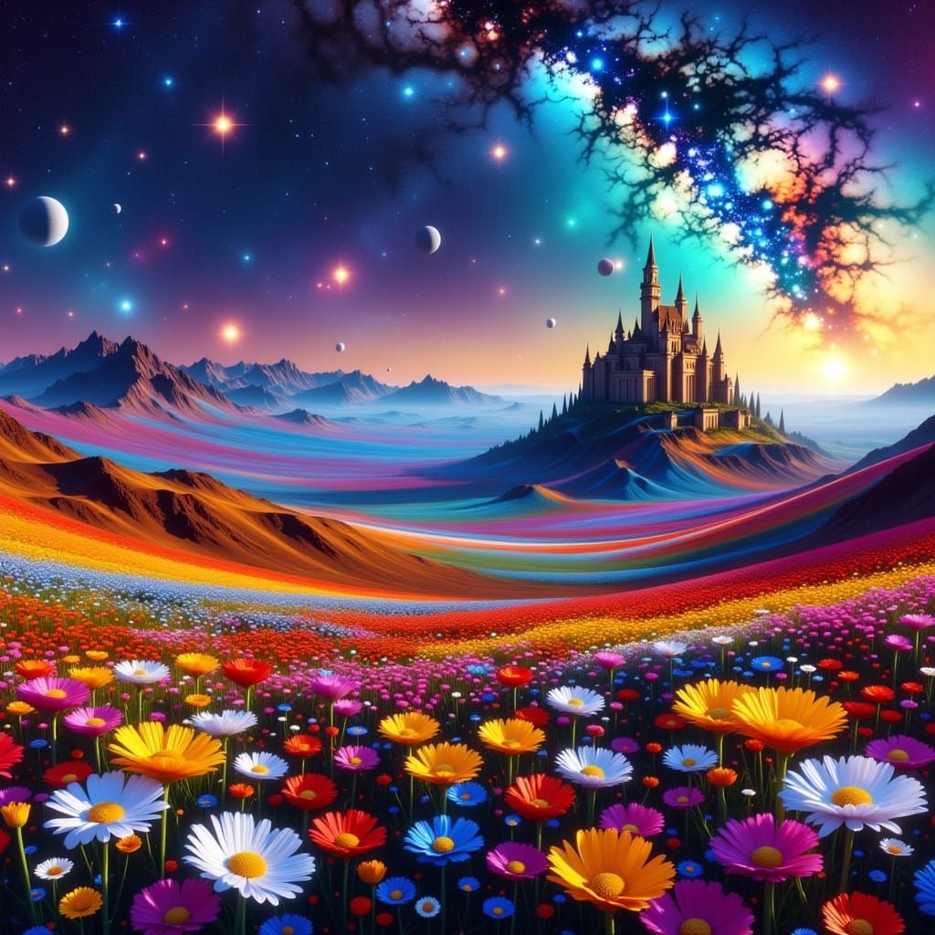 Cosmic Flower Field with Medieval Castle