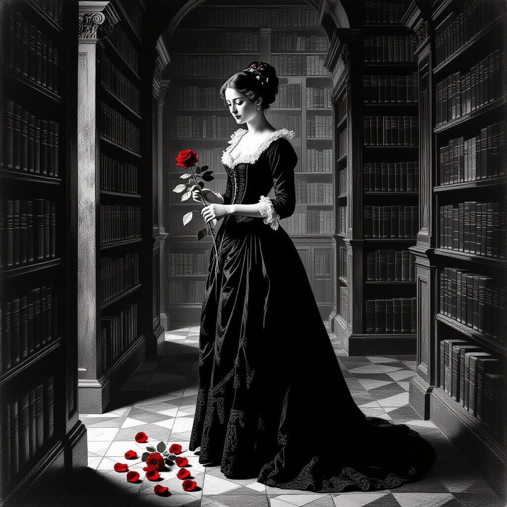Woman in Dim Library Holding Wilting Rose, Rembrandt Style