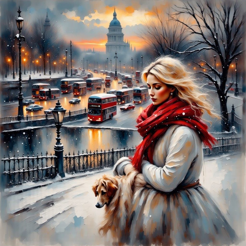Winter City Embankment at Dusk Impressionistic Painting