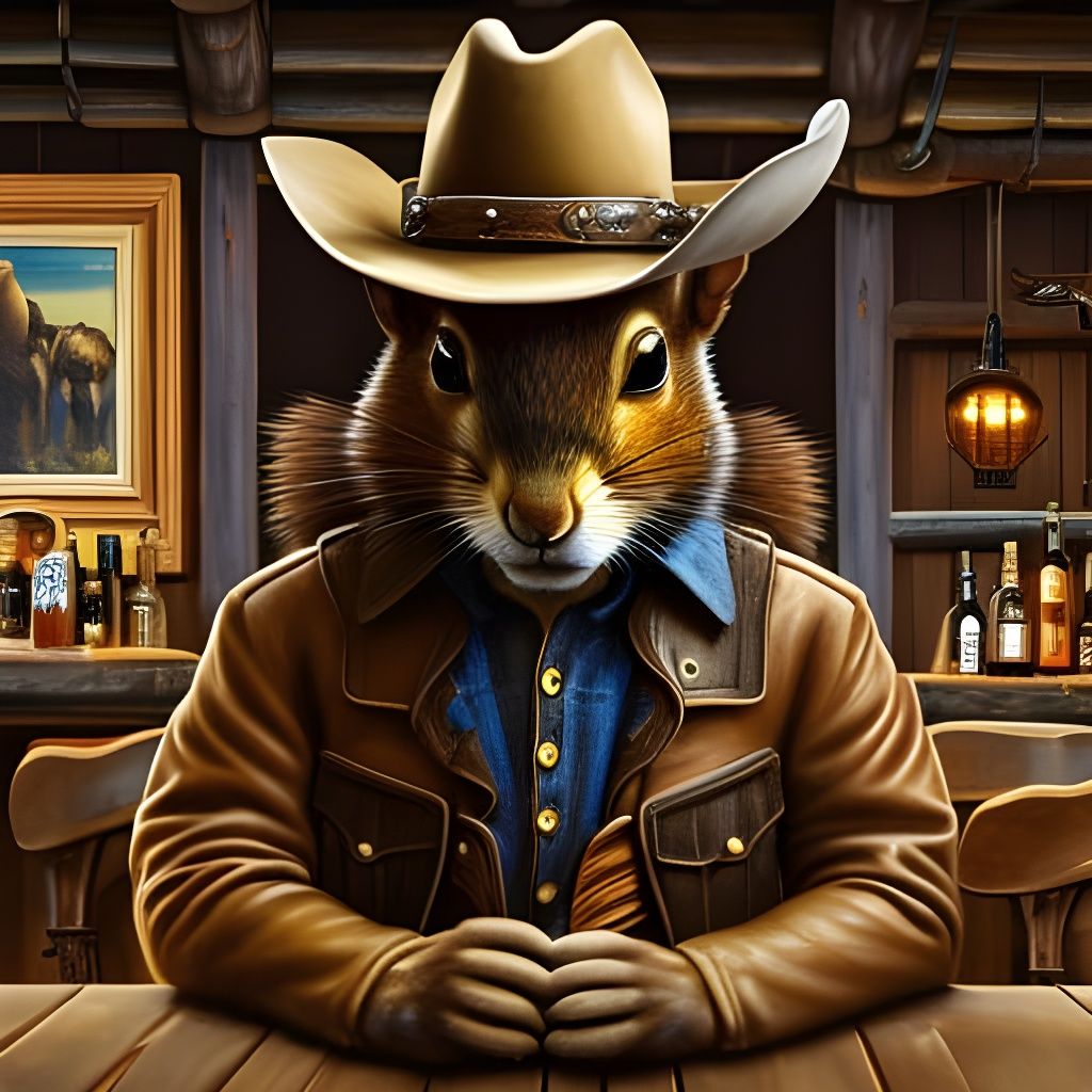 Squirrel Cowboy at Saloon, Digital Art